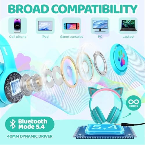 MIDOLA Cat Ear Bluetooth 5.3 Wireless Headphones for Kids – 60-Hour Playtime, Fun LED Illumination, Travel-Friendly Foldable Design with Integrated Microphone – Ideal for Music, Gaming, and Movies on the Move in Stylish Blue
