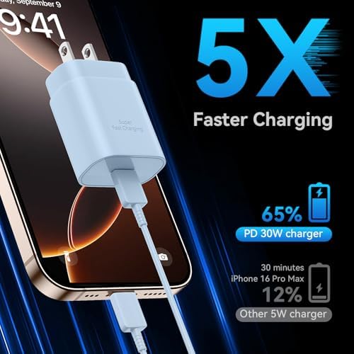 Auorld 30 W USB-C Fast Charger with 10 FT Cable – High-Performance Rapid Charging for i Phone 15/16, i Pad, Samsung Galaxy & Google Pixel – Stylish Purple Design for Maximum Flexibility and Compatibility on the Go