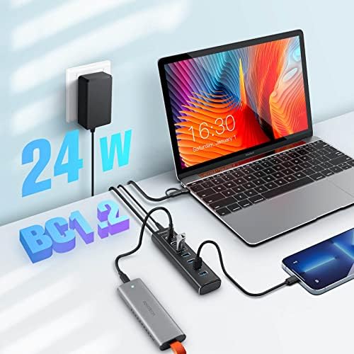 Elevate Your Connectivity with the Rosonway 7-Port Powered USB Hub – Ultra-Fast 10 Gbps Data Transfer, Dual USB-C 3.2 & Four USB 3.0 Ports, Individual Switches for Custom Control, Sleek Aluminum Design, Perfect for Laptops and PCs – RSH-A107 C, Maximize Productivity Effortlessly