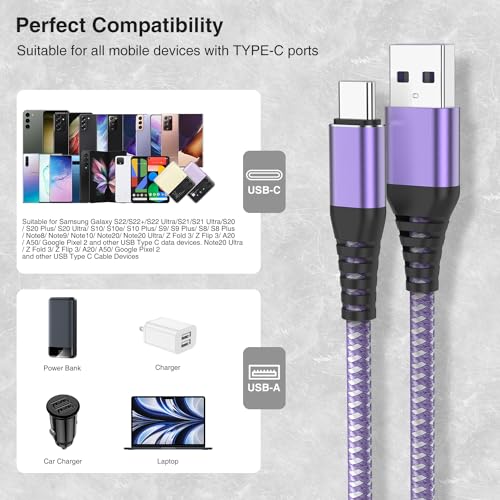 High-Speed Braided USB A to Type C Charger Cable Set – 5 Pack of 6 ft Fast Charging Cables for Samsung Galaxy S Series, Note Series, and Moto G Series – Durable Dark Gray Design for Maximum Flexibility and Compatibility