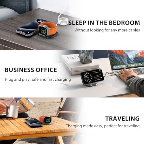 Compact 2-in-1 Foldable Wireless Charger Stand for Apple Devices – KUXIU Aluminum Magnetic Charging Station with 5 W Fast Charging for i Phone 15/14/13/12 Pro/Max, Apple Watch 9/8/7/Ultra2, and Air Pods Pro – Ultimate Portability and Enhanced Compatibility for Travelers
