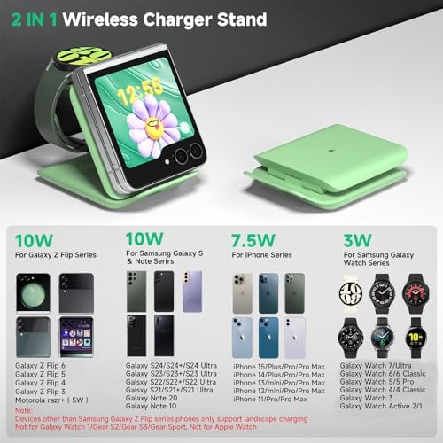 Geyo 2-in-1 Foldable Wireless Charger for Samsung Galaxy Z Flip Series & Galaxy Devices – Travel-Friendly Fast Charging Stand for Galaxy Z Flip 6/5/4/3, S24 Ultra/S23/S22/Note 20, Galaxy Watch 7/Ultra/6/6 Classic – Stylish Green Finish with Enhanced Compatibility and Safety Features