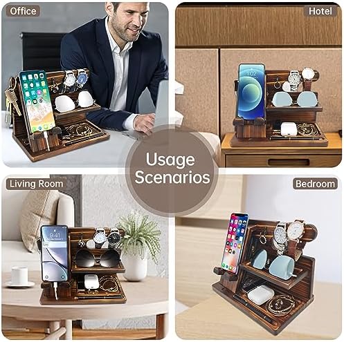 Nightstand Organizer with Phone Docking Station and Desk Organizer – Brown Wooden Gift for Men and Dad – Enhanced Compatibility and Speed