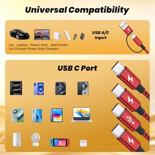 Ultimate Travel USB C Splitter Multi Charging Cable – Dual USB A/C to 4 Type-C Ports for i Phone 16/15 Series & Other Devices, 2 Pack 5 Ft – Efficient Fast Charging & Data Transfer for All Your Tech Needs