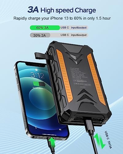 20000 m Ah Solar Power Bank: Ultimate Waterproof Portable Charger with Dual 3 A Fast Charging Outputs, 4 Efficient Solar Panels, and Built-in Flashlights for Outdoor Adventures, Camping, and On-the-Go Device Charging – Black Edition