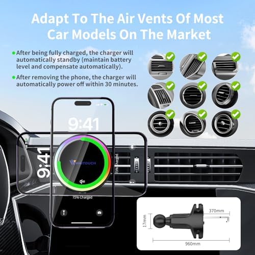 Qi2 15 W Wireless Car Charger Mount – Ultra-Fast Charging for i Phone 16/15/14/13/12 Pro Max/Mini & Qi Devices, Ice Cooling Technology for Optimal Performance, Secure Air Vent Holder for Hands-Free Use, Enhanced Compatibility and Durability