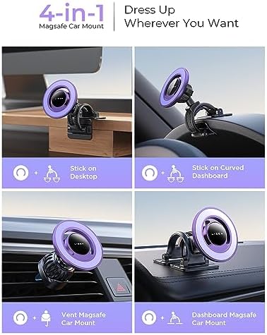 LISEN Mag Safe Car Phone Holder for i Phone 16-12 Pro Max – Strong Magnetic Dashboard & Vent Mount – Stylish Purple Design – Effortless Installation & Wireless Charging Support for Ultimate Driving Safety