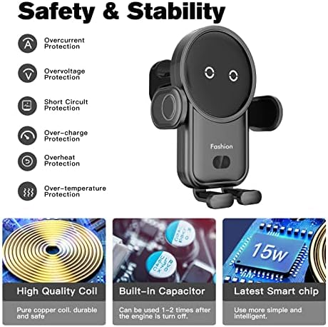 15 W Fast Wireless Car Charger with Auto-Clamping Mount – Effortless Air Vent Holder for i Phone 14/13/12/11/Pro/Xr/Xs/X/8 and Samsung S22/S21/S20 – Sleek Black Design for Enhanced Compatibility and Safety on the Go