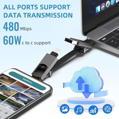 Multi Keychain Charging Cable Travel Portable Charger Cable Magnetic 4 in 1 USB C Cable Compatible with IP 15/15 Pro/ 15 Plus/ 15 Pro Max/MacBook/Galaxy (Lava Black) – Enhanced Compatibility and Speed