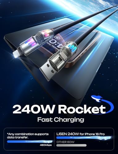 LISEN 240 W 4-in-1 USB C to Lightning Charging Cable – 10 FT Heavy-Duty Multi-Device Charger with LED Indicator for i Phone 16/15/14 Pro, Mac Book, i Pad, Samsung S25 & Nintendo Switch – Ultimate Flexibility and Fast Power Delivery