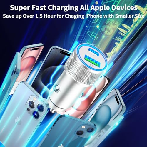 BAOYUANDA 72 W Dual Port USB-C Car Charger for i Phone 16 Series – MFi Certified Fast Charging Solution with 2 Durable Type C Cables for i Pad Pro, Android & More – Ultimate Compatibility for On-the-Go Power Management