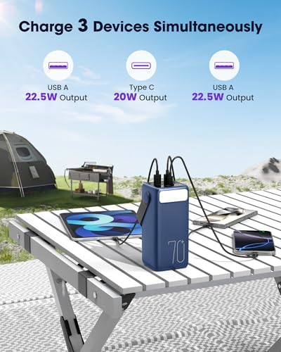 Ultra High-Capacity 70000 m Ah Power Bank – 22.5 W Fast Charging Portable Charger with LED Display & Built-In Flashlight – Ideal for Camping, Travel, and Emergency Use – Multiple Outputs for i Phone, Samsung, i Pad, and More – Stay Connected Anywhere with Long-Lasting Power Solution – Lightweight Design with Convenient Carry Strap and Real-Time Power Monitor – Comprehensive Safety Features Including Overcharge and Short Circuit Protection – Perfect for Outdoor Adventures and Unexpected Power Outages – Includes USB-C Charging Cable and 2-Year Customer Support for Peace of Mind