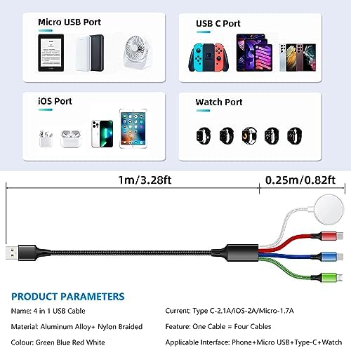 Versatile 4-in-1 5 FT Charging Cable Duo for Apple Watch & i Phone – Multi-Compatible USB C, Micro USB, and Lightning Connectors – Fast & Efficient Charging for i Watch Ultra Series 10/9/8/7/6/SE/5/4/3 and i Phone 16/15/14/13/12 – Durable Design for Everyday Use