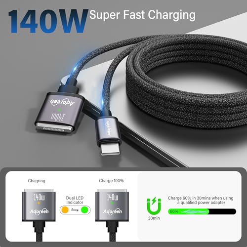 Adoreen 140W USB-C to Magnetic 3 Safe Fast-Charging Cable 6 Ft with 240W to USB-C Adapter, PD 3.1, LED Indicator, Braided Apple Magsafe Charger Accessories for Ipads, MacBook Pro & MacBook Air, Black – Enhanced Compatibility and Speed