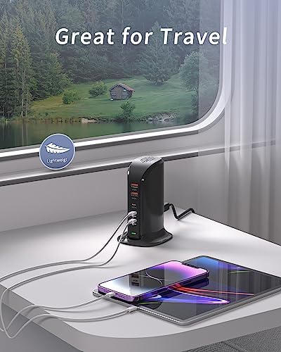 High-Speed USB C Charging Station – 55 W Multiport Tower Charger for 5 Devices, Smart Power Management, Ideal for i Phone, i Pad, Samsung & More – Portable Travel Essential with Safety Features