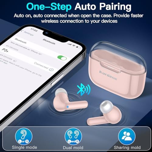 Kurdene Pink Wireless Earbuds – Advanced Bluetooth 5.3 Waterproof Headphones with Hi-Fi Stereo Sound and Active Noise Cancelling Mic for Ultimate Fitness Performance – Compatible with i Phone, Samsung & Android Devices