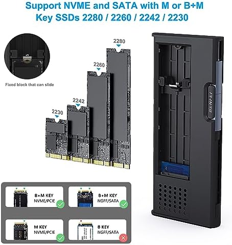 High-Speed BENFEI M.2 NVME SATA SSD Enclosure – 10 Gbps USB Type-C/Type-A Adapter for PCI-E & SATA Drives, UASP/TRIM Support – Compatible with 2230/2242/2260/2280 SSDs – Durable Aluminum Design for Optimal Heat Dissipation and Portability
