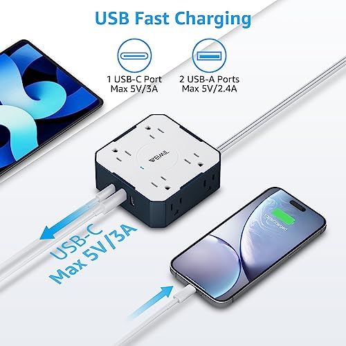 Ultimate Surge Protector Power Strip with 5 Ft Flat Plug Extension Cord, 3 USB Charging Ports (Including 1 USB-C) and 8 AC Outlets – Wall Mountable Multi-Plug Outlet Extender for Home and Office Efficiency, Enhanced Device Compatibility and Fast Charging Solutions