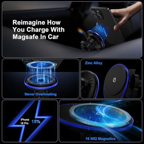 Enhanced Wireless Mag Safe Car Charger for Samsung Galaxy S25 Ultra, Google Pixel 9, and i Phone 16 – 15 W Fast Magnetic Charging Mount for Secure Hands-Free Navigation and Effortless Compatibility with Multiple Devices