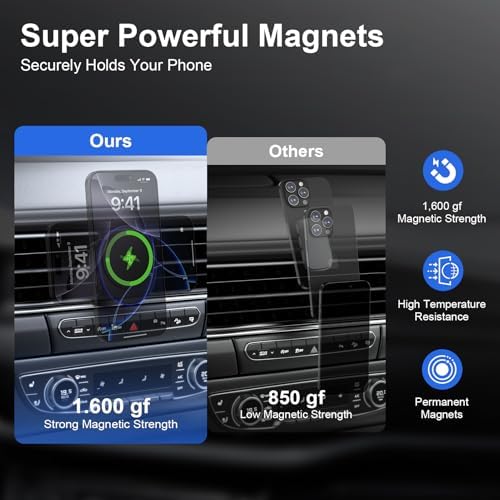 15 W Magnetic Car Mount Wireless Charger – Fast Charging for Samsung Galaxy S25 Ultra & i Phone 16 Series – Air Vent Auto Holder with Enhanced Stability & Compatibility – Effortless Navigation & Safety on the Road