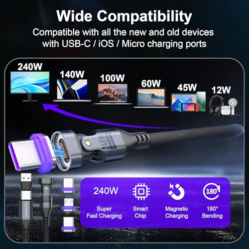 iontech 240W 16Pin USB C Magnetic Charging Cable, 6 in 1 Magnetic Fast Multi Charger, 180° Rotation Data Cable for MacBook Pro iPad, iPhone Samsung Android Phone Tablet Gaming Console (6ft) – Enhanced Compatibility and Speed