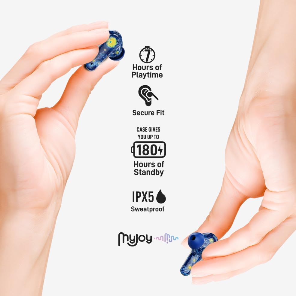 Elevate Your Audio Experience with My Joy Classic Wireless Earbuds – Stylish Van Gogh-Inspired Design, Dual Microphones for Crystal-Clear Calls, IPX5 Sweatproof for Active Lifestyles, Enjoy Up to 7 Hours of Playtime, Noise-Reducing Technology, Effortless Wireless Charging and Enhanced Compatibility for Seamless Device Connection
