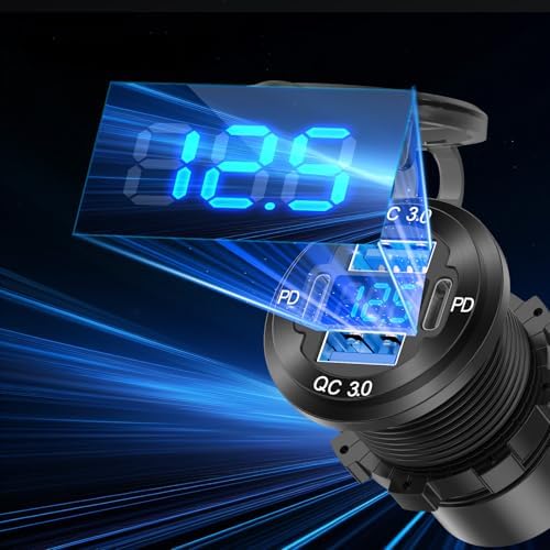 High-Performance 2 Pack 12 V USB Outlet 4 Port Car Charger Socket – 78 W Dual PD USB C & Quick Charge 3.0 Adapter with Integrated Voltmeter, Waterproof Design for Cars, Boats, RVs, ATVs & More – Ultimate Fast Charging Solution for On-the-Go Power Needs