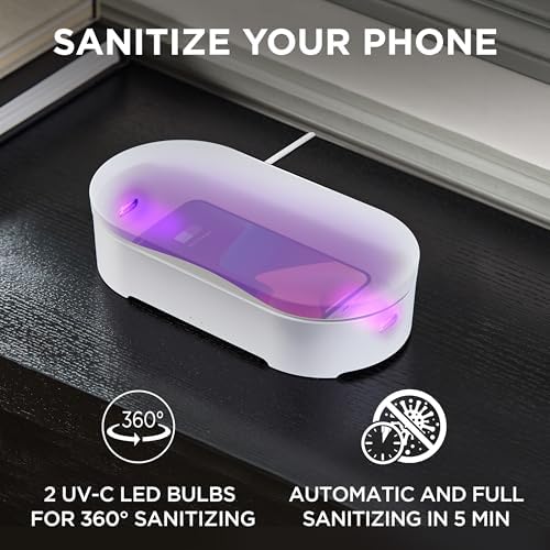 Lexon OBLIO Box: 360° UV-C Phone Sanitizer & Wireless Charger – Fast Qi Charging for Phones, Glasses, Keys, Makeup Brushes – Sleek Black Design for Modern Hygiene and Efficiency