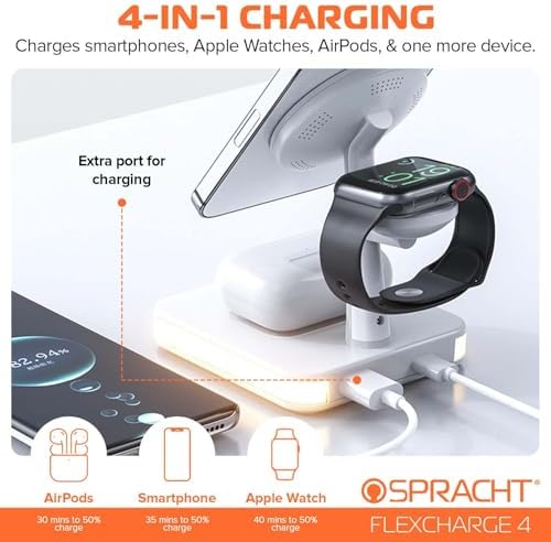 Spracht Flex Charge 4: Advanced 4-in-1 Wireless Charging Station with 25 W Fast Charging, Magnetic Dock for Smartphones, Smartwatches & Earbuds | Qi-Compatible Multi-Device Charger with Built-in Nightlight for Enhanced Convenience and Style