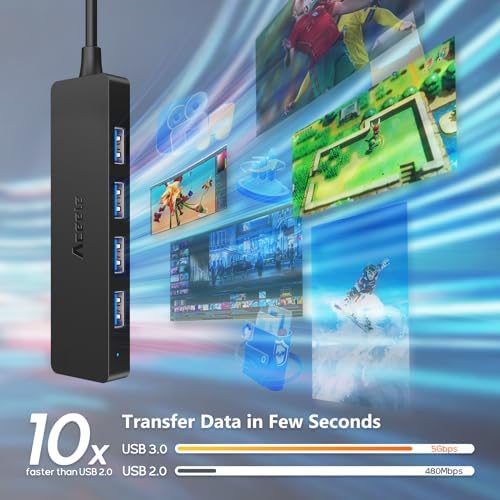 Ultra-Slim 4-Port USB 3.0 Hub with 2 ft Extended Cable – High-Speed Data Transfer for Mac Books, PCs, and More – Compact USB Expander for Enhanced Connectivity, Ideal for On-the-Go Professionals and Home Offices