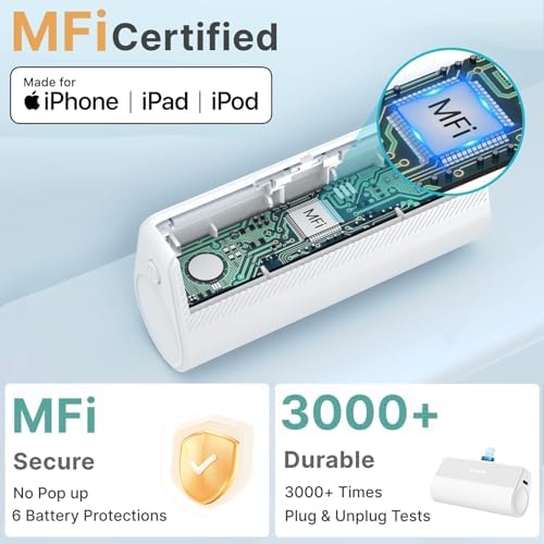 KKD 5000 m Ah Portable Charger for i Phone – MFi Certified Built-in Plug for Fast Charging on the Go, Compact Power Bank for i Phone 14/13/12/11/XR/X/SE/8/7/6/6 s/Pro Max/Plus & i Pad, Sleek Design for Ultimate Portability