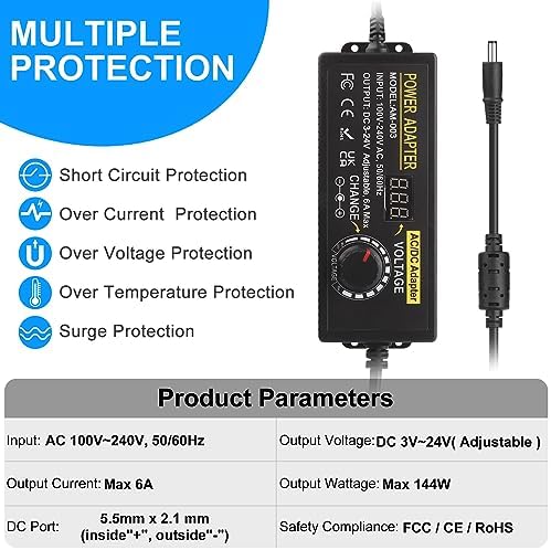 Universal Adjustable DC Power Supply Adapter, 3 V-24 V, 3 A, 72 W – Versatile AC to DC Converter with 14 Interchangeable Tips for Maximum Device Compatibility and Enhanced Performance
