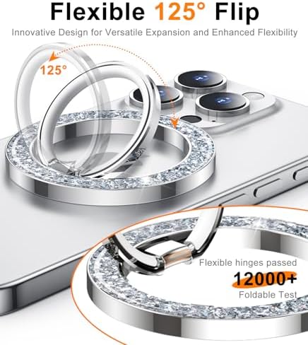 Temdan Glitter Silver Magnetic Phone Ring Holder for Mag Safe – Premium Grip and Stylish Stand for i Phone Pro Max 16 – Durable Upgrade Gear Hinge for Enhanced Flexibility and Hands-Free Viewing – Perfect Accessory for Seamless Connectivity and Fashionable Functionality