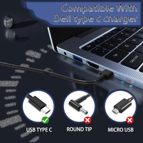 High-Performance 65 W USB-C Charger for Dell Laptops – Seamless Compatibility with Latitude, XPS & Chromebook Models – Fast Charging & Enhanced Safety Features – Ideal Replacement for Dell Chargers, Compact & Lightweight Design for Easy Portability