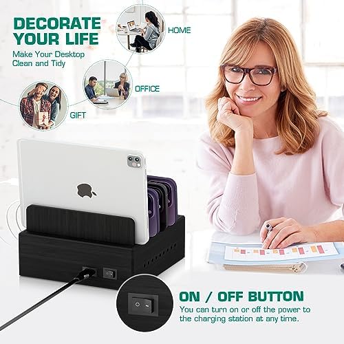 Sustainable Bamboo USB Charging Hub with 7 Ports – Elegant Multi-Device Organizer for Smartphones, Tablets, Smartwatches, and Earbuds – Fast Charging Solution with Dedicated Holders for Tidy Power Management and Stylish Home Décor