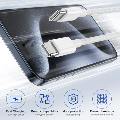10-Foot USB C to USB C Fast Charging Cable – Durable Nylon Braided Charger for i Phone 15 Pro Max, Mac Book, i Pad, and Samsung Galaxy – Enhanced Speed & Universal Compatibility for Effortless Charging and Data Transfer
