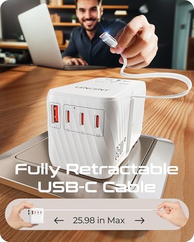 LENCENT 85 W Universal Travel Adapter with Retractable USB-C Cable – High-Speed International Plug Converter Featuring 3 Type-C & 1 USB-A Ports for Effortless Worldwide Charging – Your Ultimate Travel Essential for Maximum Compatibility, Fast Charging, and Ga N Technology Efficiency