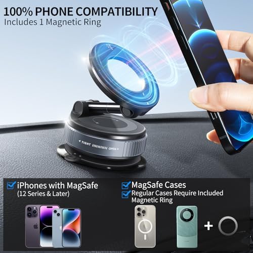 Vacuum Suction Magnetic Phone Holder, 2025 Upgraded Vacuum Suction Cup Mount for Magsafe, 360° Adjustable Foldable Portable Magnetic Car Phone Stand for Cars/Gyms/Mirrors/Smooth Surface (White) – Enhanced Compatibility and Speed