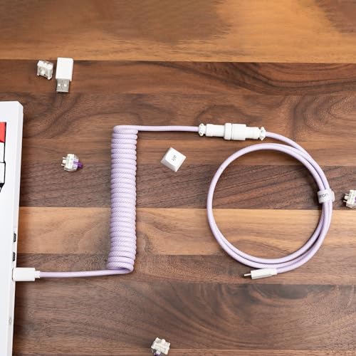 Keychron Light Pink Custom Coiled Aviator Cable – High-Performance USB-C to USB-C with Detachable Metal Connector (5-Pin GX12) for Mechanical Keyboards, Durable Braided Design with USB-A Adapter for Enhanced Charging and Data Transfer Efficiency