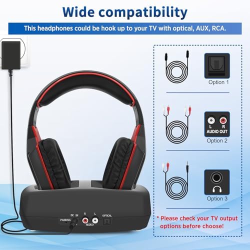 Unleash the Power of Sound with Wallar Ge Long-Range Wireless Over-Ear Headphones – Effortless Setup with RF Transmitter, 100 Ft Wireless Freedom, and 20-Hour Rechargeable Battery Life for Uninterrupted Entertainment – Luxurious Comfort in Sleek Black/Red Design, Compatible with All TV Brands for an Immersive Audio Experience