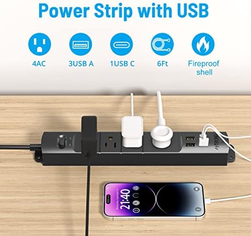 Ultra-Slim TROND Surge Protector Power Strip with 3 USB Ports & Type C – 4 AC Outlets for Maximum Device Protection & Charging Speed – 1440 J Surge Defense, ETL Listed, Space-Saving Wall Mount Design for Home Office & Dorm Use – Versatile Power Management Solution in Elegant Black