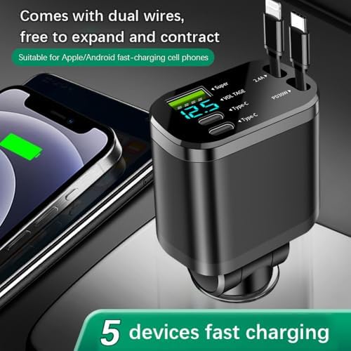 90 W Multi-Port Fast Charging Car Charger with Voltage Detection – Dual USB-C and USB-A Ports, PD 30 W Retractable Cable for i Phone 15/16, Samsung, Android & More – Ultimate Charging Solution for Road Trips and Daily Commutes