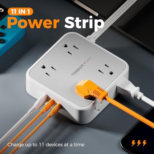TESSAN Power Strip Tower Surge Protector: 8 AC Outlets & 3 USB Ports (1 USB-C) with 900 Joules Protection, 5 FT Flat Plug Extension Cord – Ultimate Desk Charging Station for Home Office and Dorm Room Efficiency
