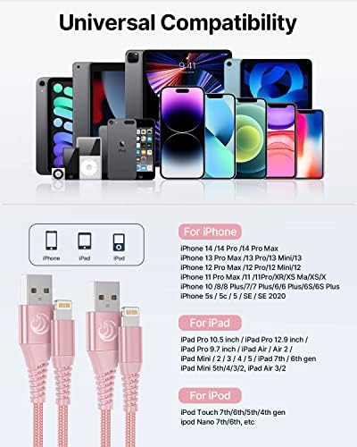 Aioneus 10 ft i Phone Charger 2 Pack – Apple Certified Lightning Cable with Fast Charging, Extra Long Nylon Braided Cord in Stylish Pink for i Phone 13, 12, 11, XS, XR, 10, 8, 7, 6 Plus – Unmatched Durability and Flexibility