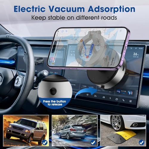 KOQ Electric Vacuum Magnetic Phone Mount – Advanced 360-Degree Rotatable Car Holder with Superior Suction Technology for All Smartphones – Sleek Silver Upgrade for Optimal Stability and Convenience on Smooth Surfaces