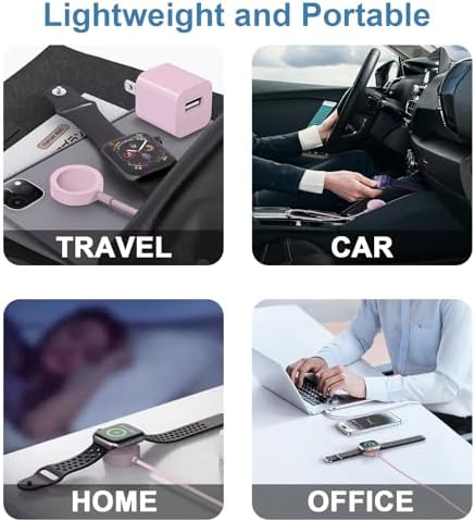 Chic 3.2 FT Wireless Fast Charger for Apple Watch – Effortless Charging Solution with Stylish Pink Design, Compatible with All Series 1-10, Includes Wall Plug for Ultimate Portability and Quick Power-Ups for Active Lifestyles