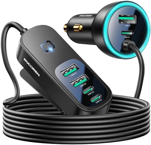 Rocoren 105 W 6-Port Car Charger: Fast PD USB-C Travel Adapter for i Phone 16/15 & Samsung S25 – Ultimate Road Trip Charging Hub with 5 FT Cable for Multiple Devices, Enhanced Compatibility & High-Speed Performance