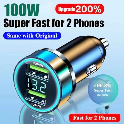 Ultra-Fast Dual Port USB Car Charger with Voltage Display – 100 W Max for Huawei, One Plus, Oppo, Vivo, Samsung & Android Devices – Essential Travel Companion for Quick Charging on the Go