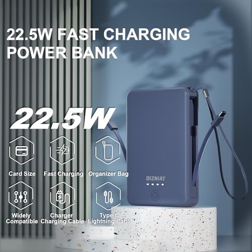Compact 10,000 m Ah Fast Charging Power Bank with Integrated USB-C & Lightning Cables – Ultra Slim Travel Charger for i Phone 11-16 and Android Devices – Lightweight Design with 4 Simultaneous Outputs – Complete Charging Bundle with Wall Adapter & Organizer for Effortless Portability