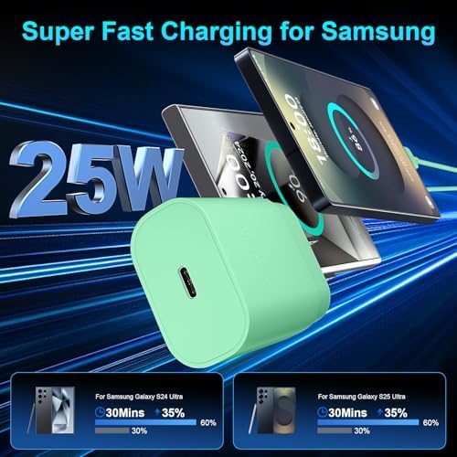 High-Speed 25 W Type C Wall Charger for Samsung Galaxy S25 Series – Includes Dual 10 FT USB-C Cables for Enhanced Flexibility and Safety – Lightning-Fast Charging with Compact Design for Travel Enthusiasts and Everyday Users